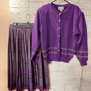 Vintage Andrea Gayle Purple Knit Cardigan & Paisley Matching Skirt Set
